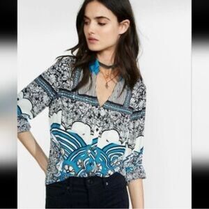 Express Portofino Teal Paisley and Floral Button Up Long Sleeve Blouse Small